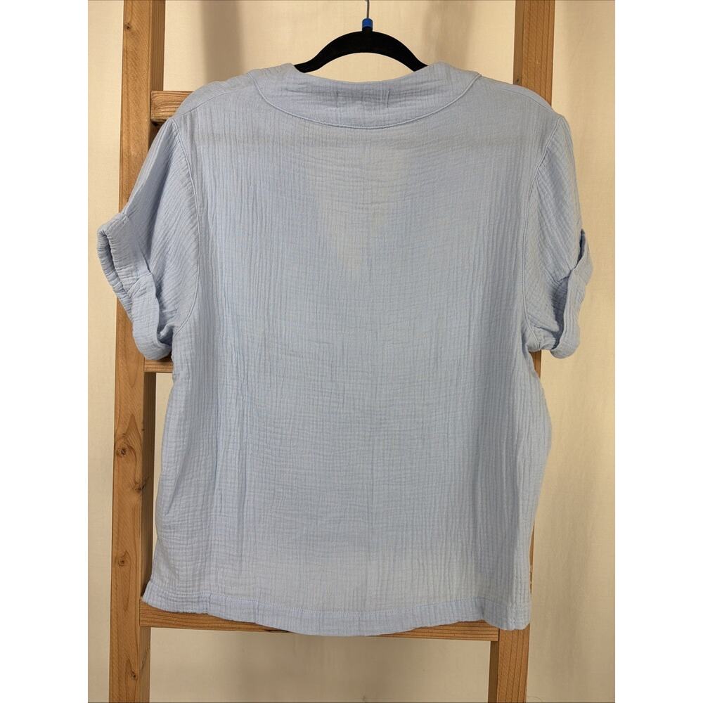 NWT Dear John Blue Short Sleeve V Neck Oversized Gauze Top #1189 Size SM - Picture 2 of 4